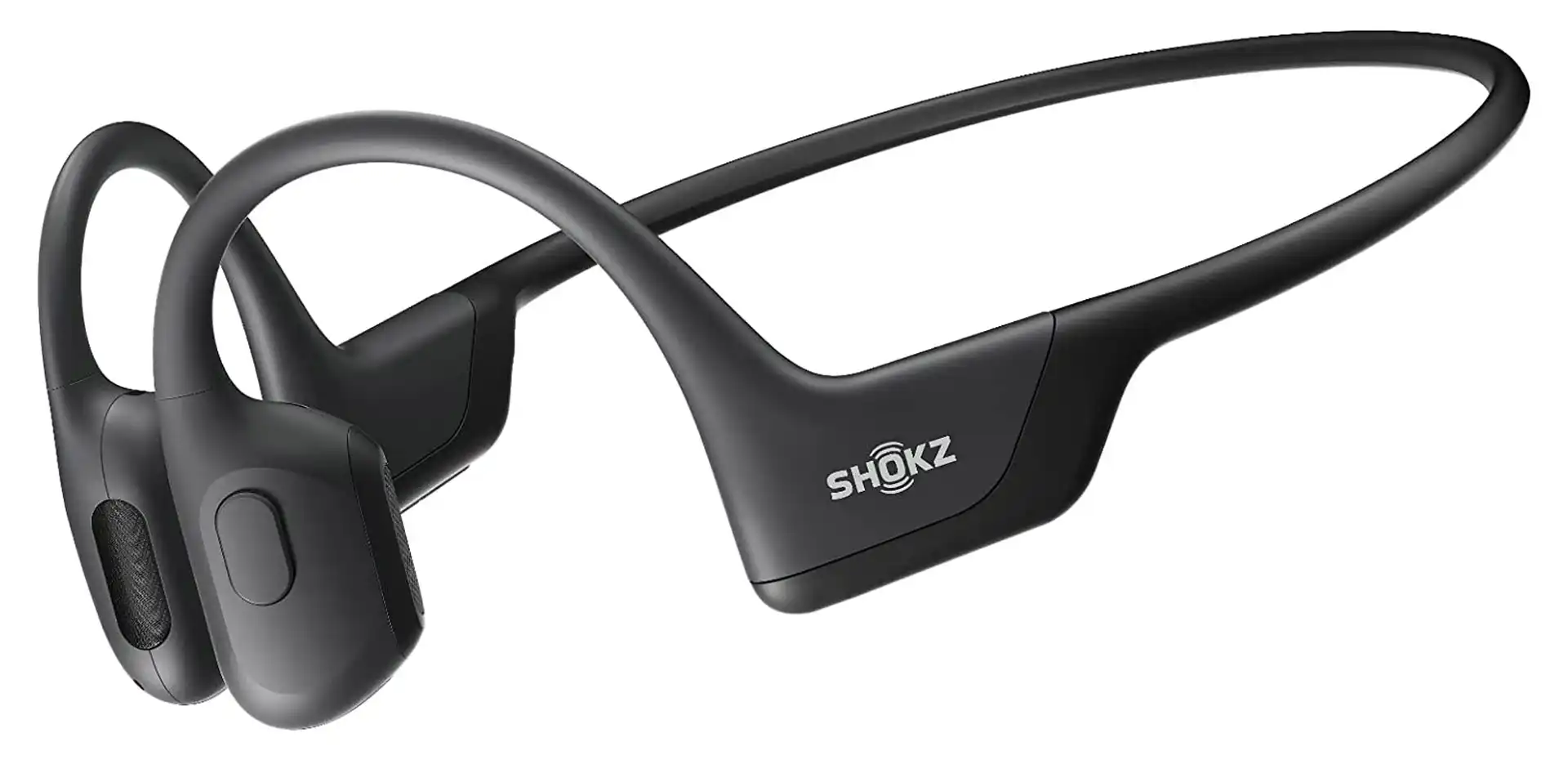 Casque à conduction osseuse Shokz noir vu de trois quarts, avec arceau derrière la nuque et logo Shokz