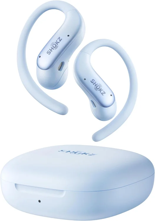Écouteurs Shokz OpenFit Air 2 bleu glacier avec leur boîtier de charge