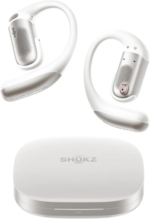 Écouteurs Shokz OpenFit Pro blancs avec leur boîtier de charge