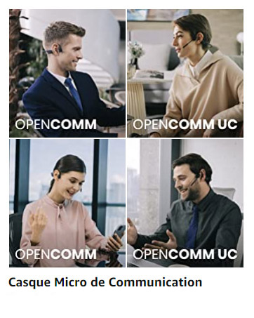Vignette ayant pour titre Casque Micro Communication. 4 photo sont collées présentant respectivement : un homme assis en costume bleu avec un casque micro à conduction osseuse. Une femme assise dans un salon avec ce même casque micro. Une femme assise dans un bureau avec un chemisier rose et ce même casque. Un homme dans un bureau assis avec ce casque. Les 4 personnes sourient et semblent communiquer.